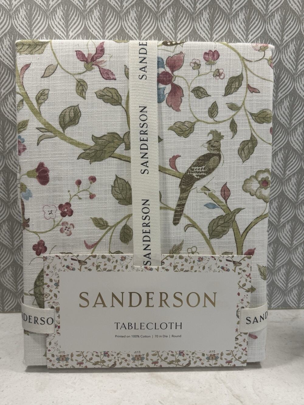Sanderson Tablecloth 70” Round Aril's Garden Floral Birds 100% Cotton NEW